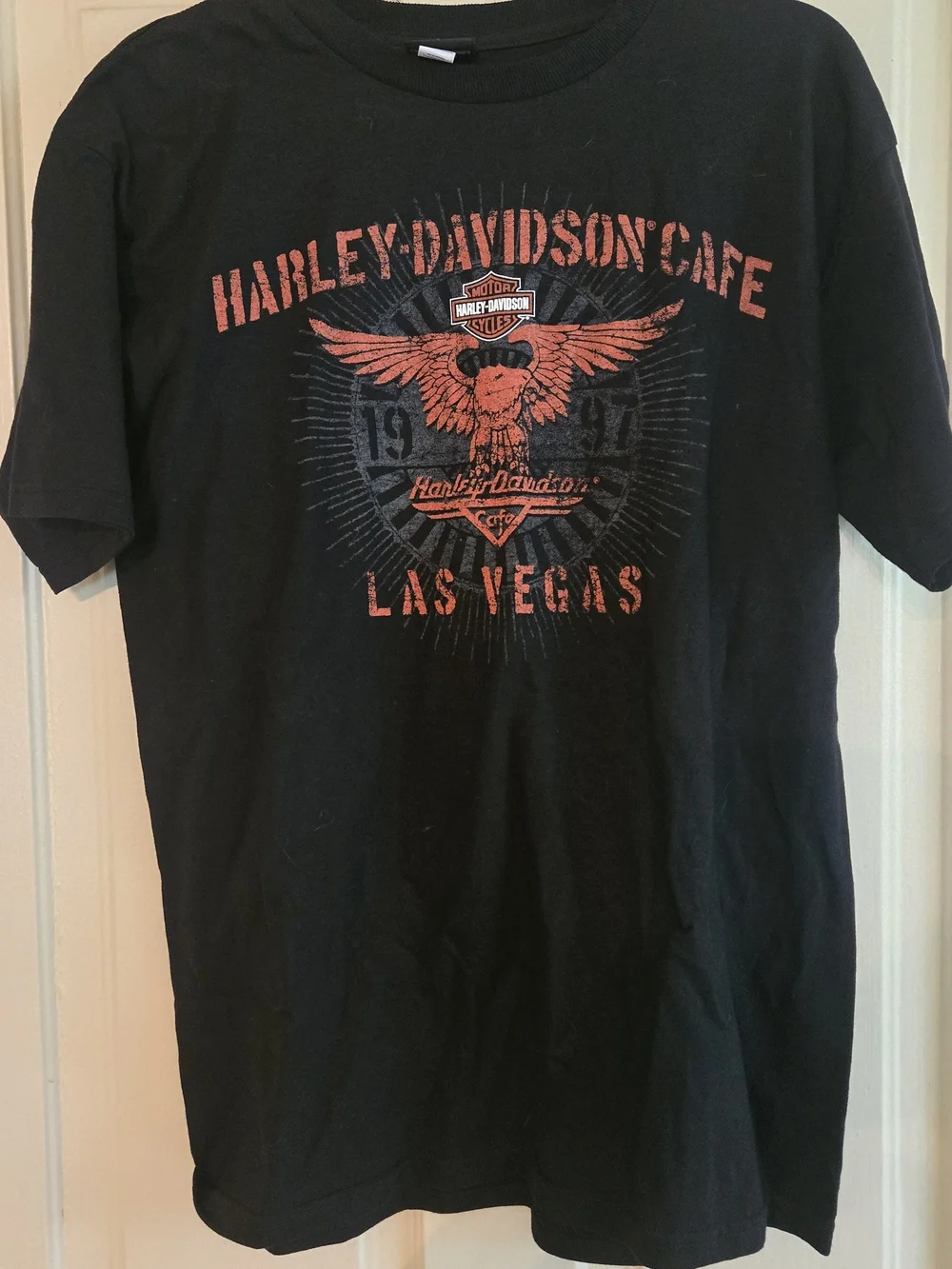 Vintage 1997 Harley-Davidson Black Short Sleeve Tee w Orange Las Vegas Graphic